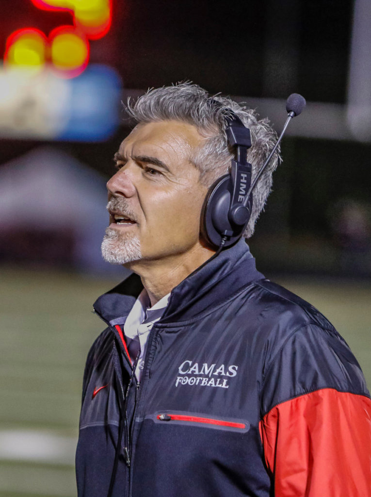Camas head coach Jon Eagle looks on as his team improves to 5-0. Photo by Mike Schultz.