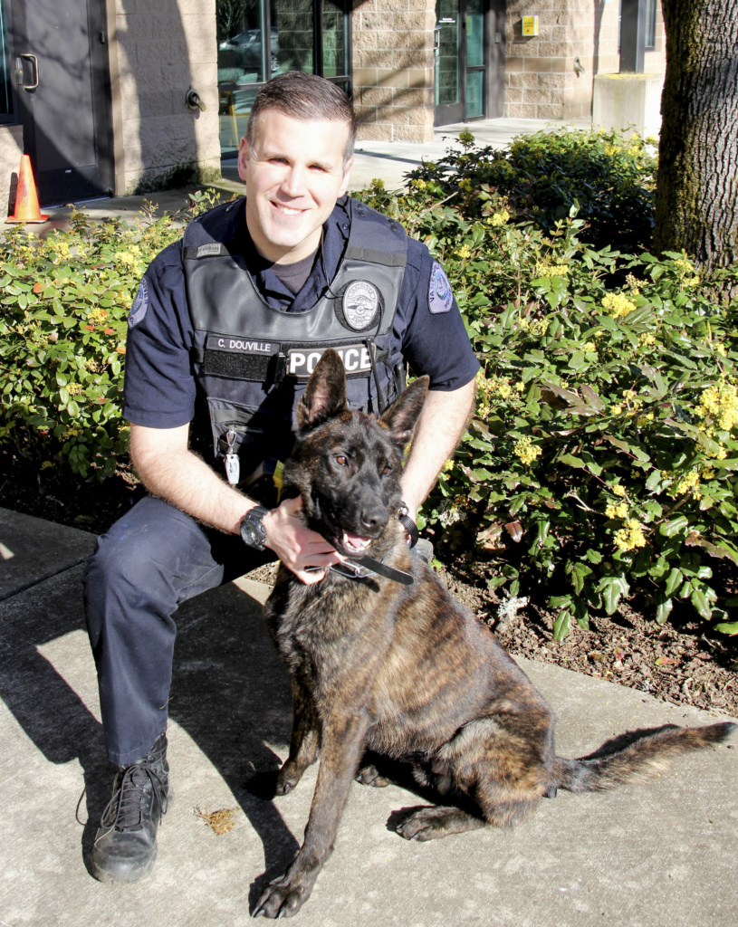 The Vancouver Police Department will introduce the newest members of the Vancouver Police K9 Unit, Officer Chris Douville and his K9 partner, Doc, a 3-year-old Dutch Shepherd, at a public event at 2 p.m., Wed., Sept. 28, at the Vancouver Police East Precinct, 520 S.E. 155th Ave., Vancouver. Photo courtesy of the Vancouver Police Department