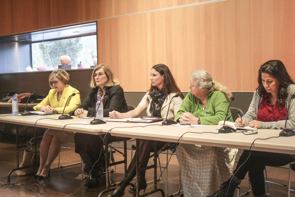 Candidates running for positions in the 49th Legislative District participated in a candidate forum Thursday night at the Vancouver Community Library. Pictured (from left to right) are Annette Cleveland, Sharon Wylie, Alishia Topper, Bridget Schwarz (moderator of the forum) and Monica Stonier. Photo by Joanna Yorke