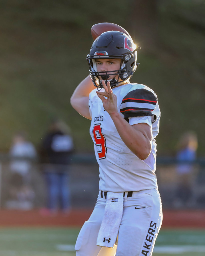 Camas quarterback Jack Colletto (9) throws a pass in the second quarter of a win over Union.