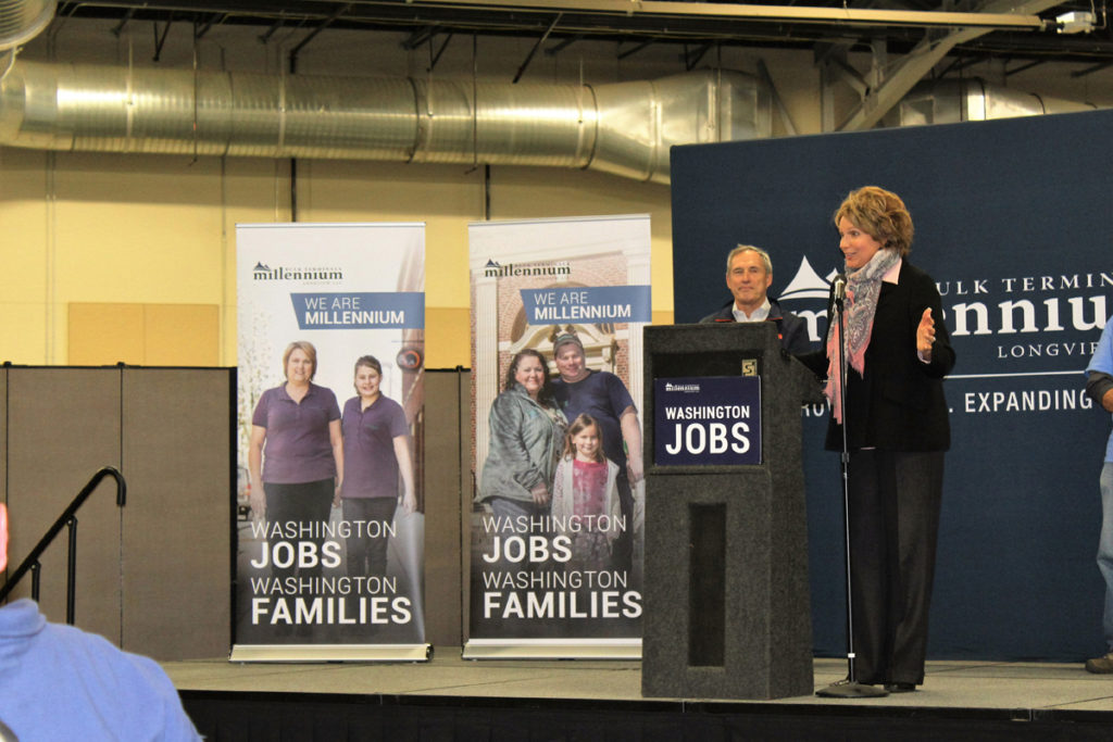 Washington state rep. Liz Pike, representative of Legislative District 18, speaks at pro-Millennium Bulk Terminals