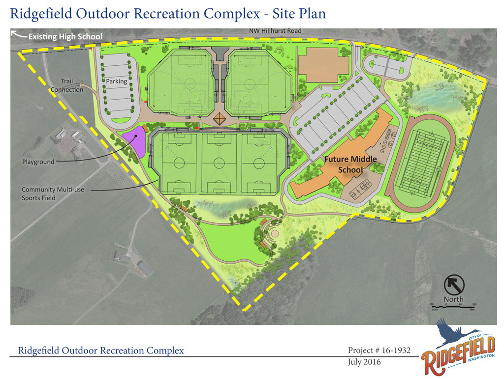 This preliminary site plan for the Ridgefield Outdoor Recreation Complex shows the possible locations of new schools, sports fields, parking, a playground, trail connections and more. Graphic courtesy of the city of Ridgefield