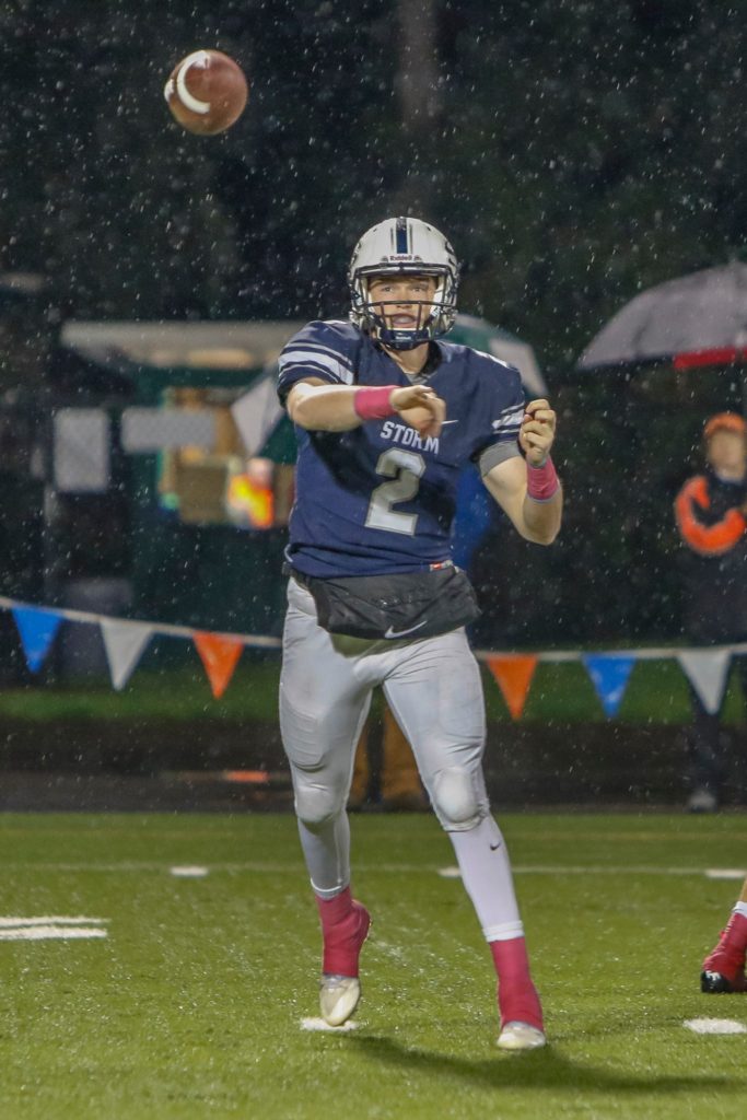 Skyview quarterback Brody Barnum (2) throws a pass in the first half of a win Thursday night over Battle Ground. Photo by Mike Schultz.