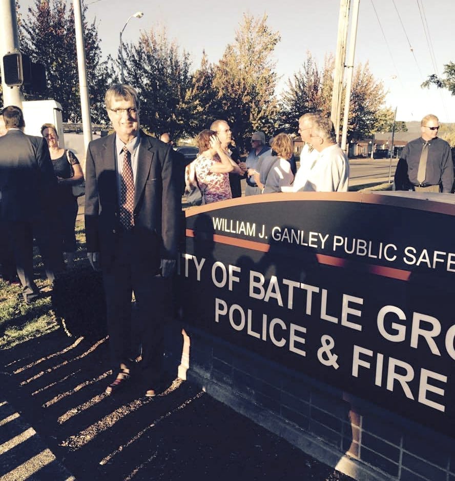 Battle Ground Council Member Bill Ganley was overwhelmed with emotion last year when he was surprised with the unveiling of the William J. Ganley Public Safety Complex in the city of Battle Ground. Photo courtesy of Brenda Alling