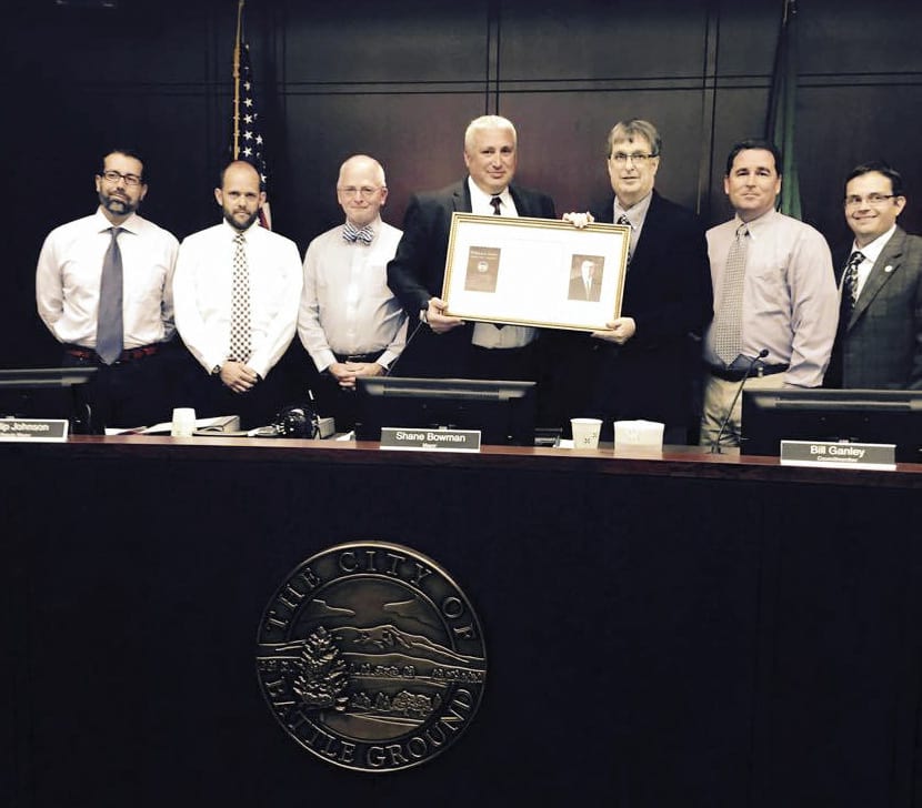 Bill Ganley was presented with a special plaque in September of 2015 after the unveiling of the William J. Ganley Public Safety Complex in his honor. Photo courtesy of Brenda Alling