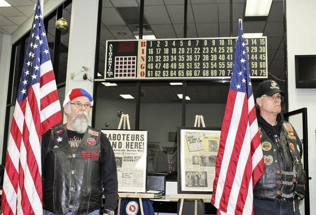 Members of the Patriot Guard Riders of Washington stand guard during a gathering of local Pearl Harbor survivors and their families on Wed., Dec. 7, for a 75th anniversary remembrance of the attack on Pearl Harbor. Photo by Kelly Moyer