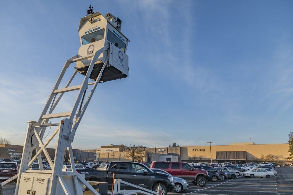 The Vancouver Police Department’s Sky Watch tower is currently parked in the parking lot at the Vancouver Mall and is staffed with Neighbors On Watch volunteers who are keeping an eye out for crimes such as auto prowl. Photo by Mike Schultz