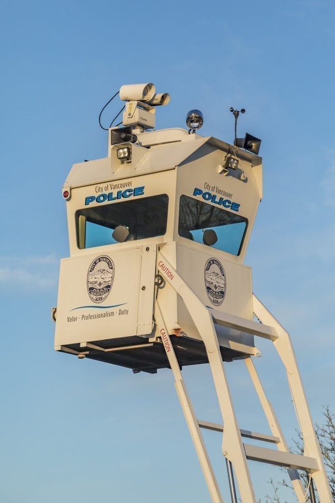 The Sky Watch tower, owned by the Vancouver Police Department, will remain in the Vancouver Mall parking lot until just after Christmas. The tower is generally stationed in the mall parking lot each year during the holidays. Photo by Mike Schultz
