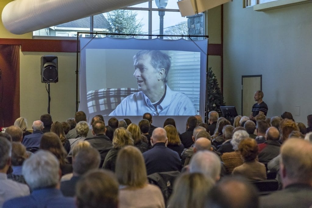 Community members who attended Bill Ganley’s Celebration of Life Sunday afternoon were able to hear some advice from Ganley one last time in this video that was made with him recently. Photo by Mike Schultz