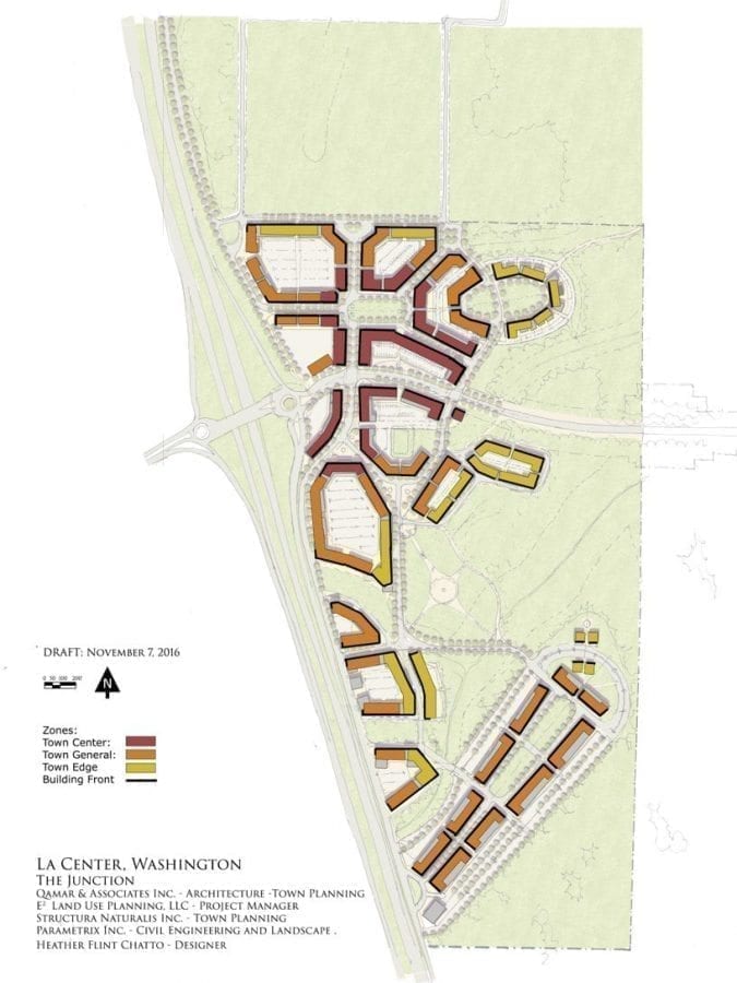 Preliminary development ideas for the La Center I-5 Junction. Although consultants agree that this ‘town center’ design would be best, La Center leaders have not yet approved any development regulations or designs for the commercial/light industrial/residential area near the I-5 Junction. Illustration courtesy of the city of La Center