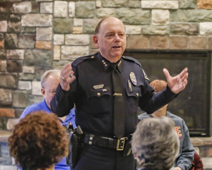 Battle Ground Police Chief Bob Richardson, along with a panel for four other experts, discussed the impact of marijuana legalization on the Battle Ground community and also talked about ways to prevent youth from using marijuana during a Coffee with the Chief event held on Wednesday evening at the Battle Ground Community Center. Photo by Mike Schultz