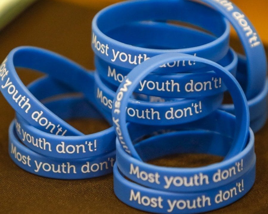 These blue bracelets, that state “Most youth don’t!” were available at the Coffee with the Chief event on Wednesday evening. Members of the D.R.E.A.M. Team, made up of youth from the community who are a part of the Prevent Together: Battle Ground Prevention Alliance, were at the event, offering the bracelets to community members. Photo by Mike Schultz