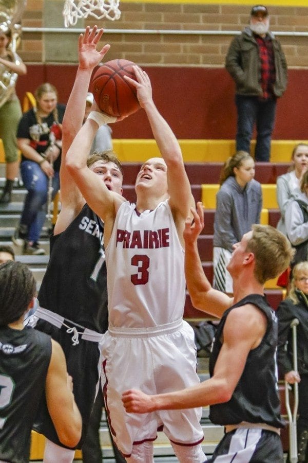 Prairie defeated Peninsula 56-44 in the first round of the Class 3A boys bi-district tournament in a game played at Prairie High School. The Falcons advance to play Timberline on Friday.