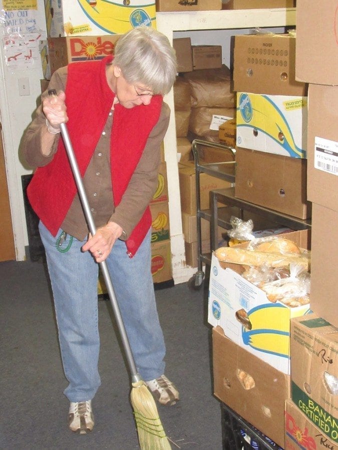 Pat Jeschke arrives at the North County Community Food Bank at 7:30 a.m. three days a week, works until closing time, and then stays after to sweep and clean up. Photo courtesy of Carolyn Schultz-Rathbun