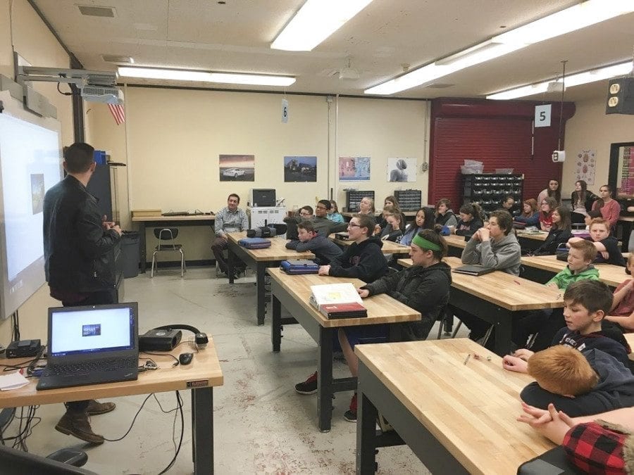 Trevor Chayce of LSW Architects shares a design graphic with View Ridge Middle School STEM students. Photo courtesy of Ridgefield School District