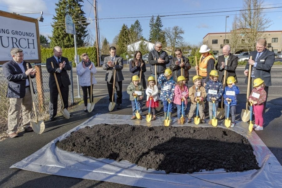 The children from Battle Ground’s Country Campus Learning Center who attended the South Parkway Improvement Project groundbreaking ceremony on Thursday morning were able to participate in the ceremonial “breaking of ground” with plastic shovels that they each received. Photo by Mike Schultz