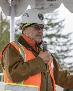 Cowlitz Indian Tribal Chairman Bill Iyall spoke to those who gathered Tuesday to celebrate the opening of the new Interstate 5, Exit 16 interchange near La Center. Photo by Mike Schultz