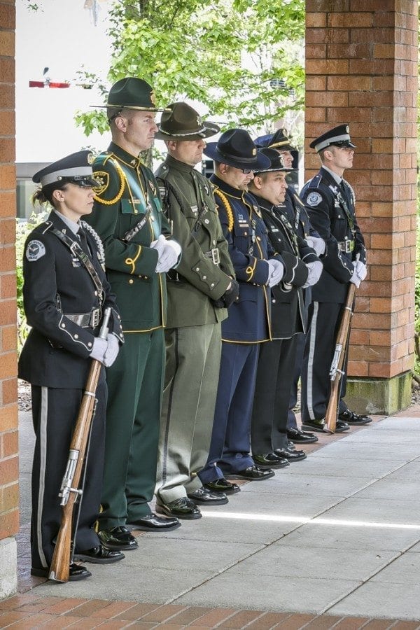 The color guard at Thursday’s Clark County Law Enforcement Memorial Ceremony included the Portland Highland Guard & Multi-Agency Color Guard. Photo by Mike Schultz