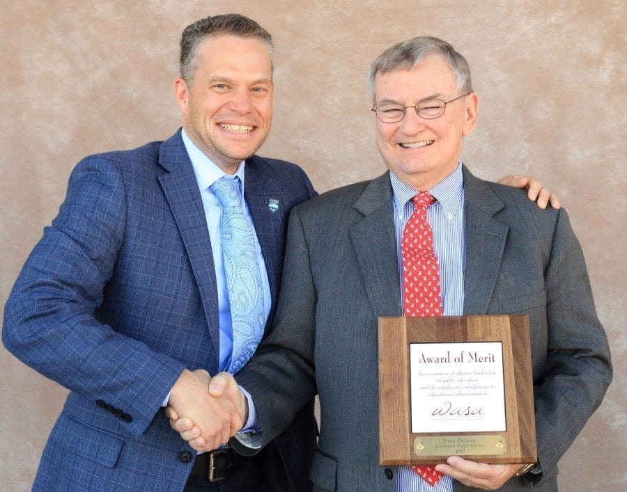 Evergreen Superintendent John Deeder (right) is shown here with nominator Jeff Snell (left). Photo courtesy of ESD 112