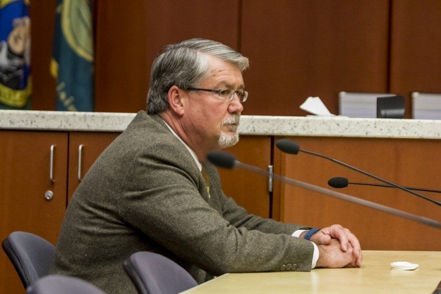 Clark County Manager Mark McCauley is shown here at a special meeting of the Board of County Councilors Friday. The councilors voted unanimously to terminate McCauley immediately. Photo by Mike Schultz