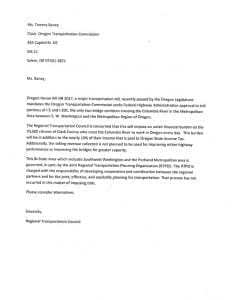 Port of Vancouver Commissioner Jerry Oliver’s proposed letter to the Oregon Transportation Commission.