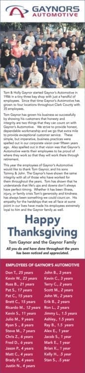 Ad from Gaynor's staff that ran in The Columbian Newspaper. Click to view.