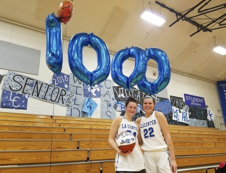 Taylor Stephens and Taylor Mills (22) both hit the 1,000-point mark in their careers this season for the La Center Wildcats. Stephens, a junior, got to 1,000 in Thursday’s win over White Salmon. Mills, a senior, got to 1,000 last month. Photo by Paul Valencia