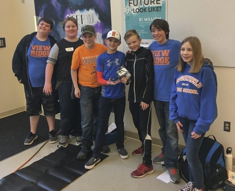 VRMS Rebels robotics team (a.k.a. The Squishies) are shown here; (from left) William Sowders, Jud "JP" Kennedy, Carter Long, Cayden Lauder, Kaison Apol, Liam Rapp, and Isabelle "Izzy" Sheley. Christian Duquette (not pictured) is also part of the team. Photo courtesy of Ridgefield School District