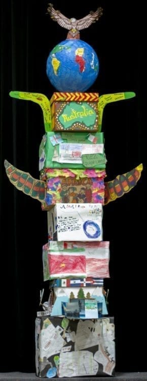Students form teams to compete in monthly academic competitions. January's winner made a totem pole featuring the different continents and cultures from around the globe. Photo courtesy of Woodland School District