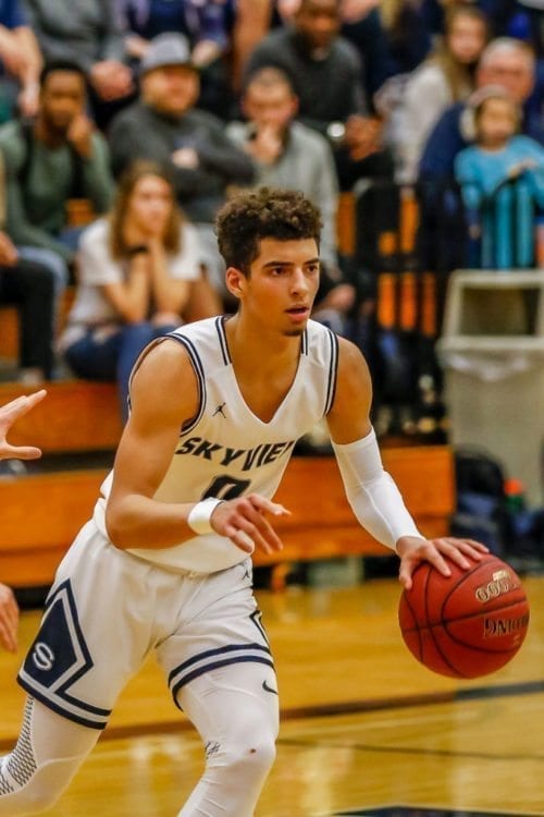 Alex Schumacher of Skyview, shown here earlier this season, averaged 19.8 points per game in the Tacoma Dome this week. The Storm placed sixth, and Schumacher was voted to the all-tourney team. Photo by Mike Schultz
