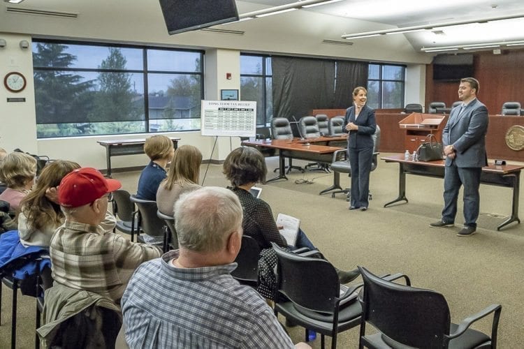 Sen. Ann Rivers, left, and state Rep. Brandon Vick, right, meet with constituents during a town hall in Battle Ground Saturday. Photo by Mike Schultz