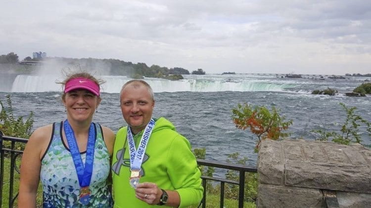 Alison Richards remains active, too. Here she is with her husband Scott after she completed the Niagara Falls International Marathon last fall. Alison will be inducted into Western Washington University’s Athletics Hall of Fame this spring. In 1998, she helped the Vikings to a national championship in softball. Photo courtesy of Alison Richards