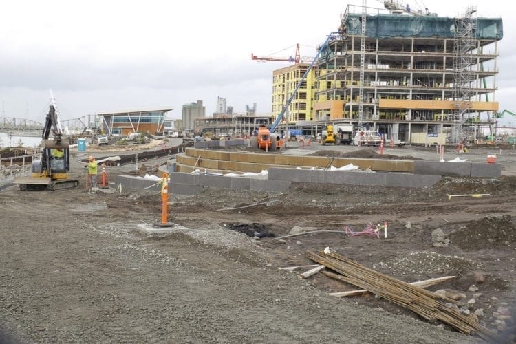 Construction moves ahead at the Vancouver Waterfront development. The 7-acre public park is set to open in September. Photo by Chris Brown