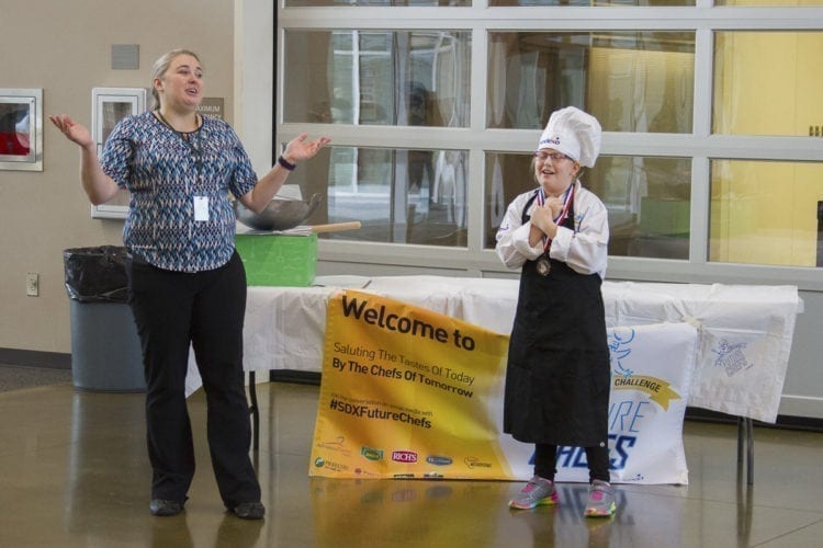 Laynie Comstock (right), fourth grader at Woodland Intermediate School, won the Future Chefs of America event with her Cauliflower Power Fried Rice with Side Kick of Sausage recipe. Photo courtesy of Woodland Public Schools