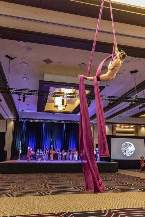 Treya Bushell of RAD Acrobatic Circus performs during the grand opening Thursday of the ilani Casino Meeting and Entertainment Center. Photo by Mike Schultz