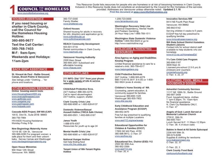 This comprehensive list of local resources for homeless people is maintained by Clark County Council for the Homeless. Click to open PDF.