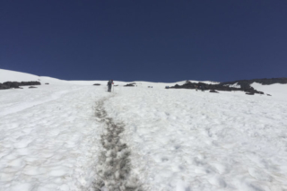 A hiker makes his way up the trail to Mount St. Helens A hiker makes his way up the trail to Mount St. Helens. Photo by Eric Schwartz