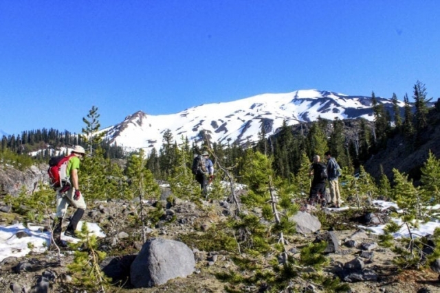 Hikers gather after emerging from the tree line en route to Mount St. Helens Tuesday. Photo by Eric Schwartz