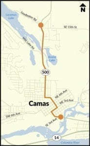 The Washington State Department of Transportation will begin a project next week to provide new pavement and better sidewalk connections along SR 500 in Camas. This map shows the location of the project. Map courtesy of Washington State Department of Transportation