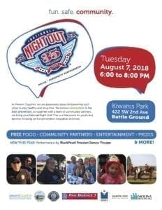 Battle Ground celebrates National Night Out on Tue., Aug. 7 from 6–8 pm at Kiwanis Park located at 422 SW 2nd Ave.