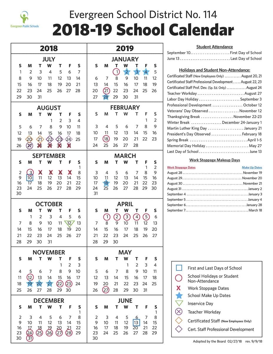 The Evergreen School District updated calendar for the 2018-2019 school year. Courtesy Evergreen School District