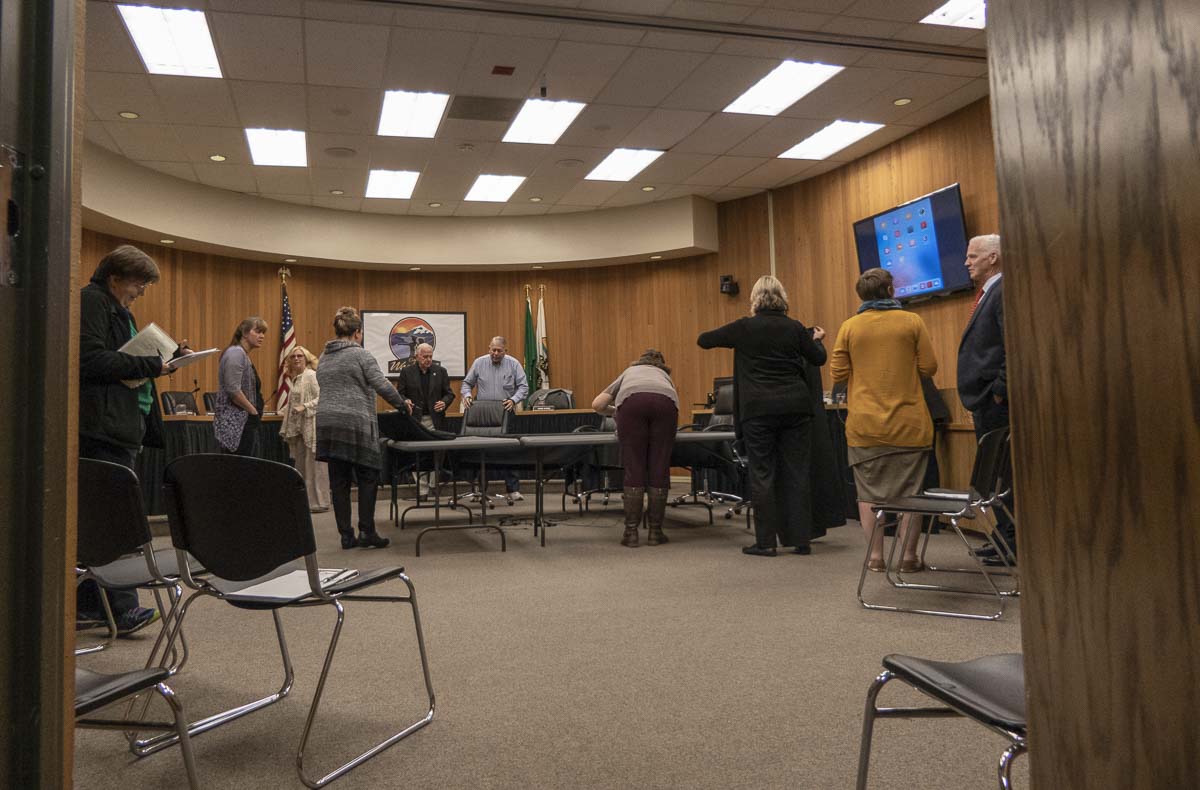 Community members and members of the Washougal City Council are shown here after a workshop in City Hall on Oct. 8. Washougal community members will be able to vote to change or maintain their Mayor-Council form of government to a Council-Manager form on Nov. 6. Photo by Jacob Granneman