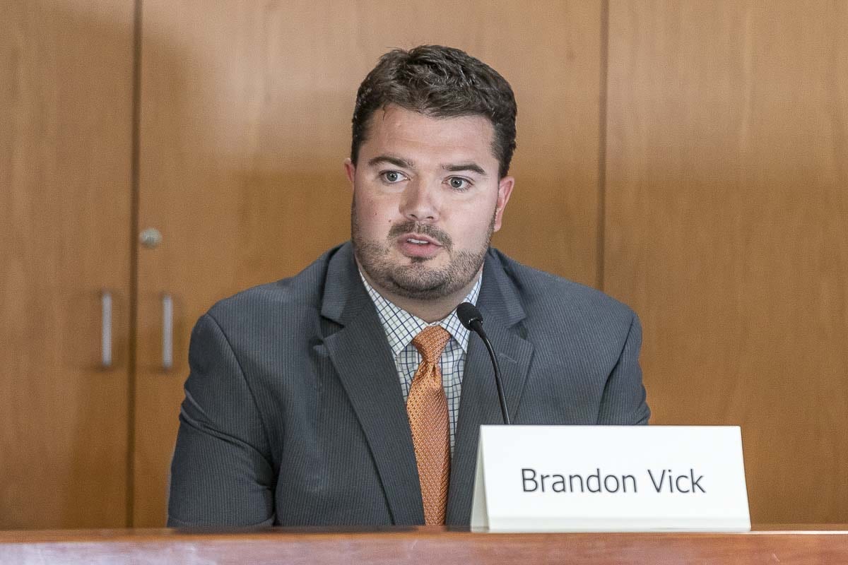 Rep. Brandon Vick of the 18th Legislative District, Position 1, answers questions at a League of Women Voters candidate forum. Photo by Mike Schultz