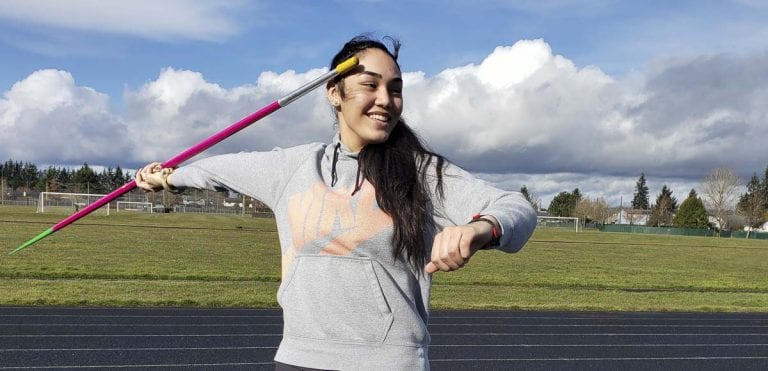 Heritage sophomore Katie Peneueta was not sure she was going to compete in track and field this year, but then she got an inspiring message from the American javelin record holder Kara Winger, a former Skyview standout. Photo by Paul Valencia