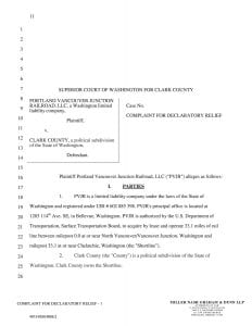 A copy of the lawsuit filed today by Portland-Vancouver Junction Railroad, seeking to force Clark County to abide by the terms of a 2004 lease agreement.