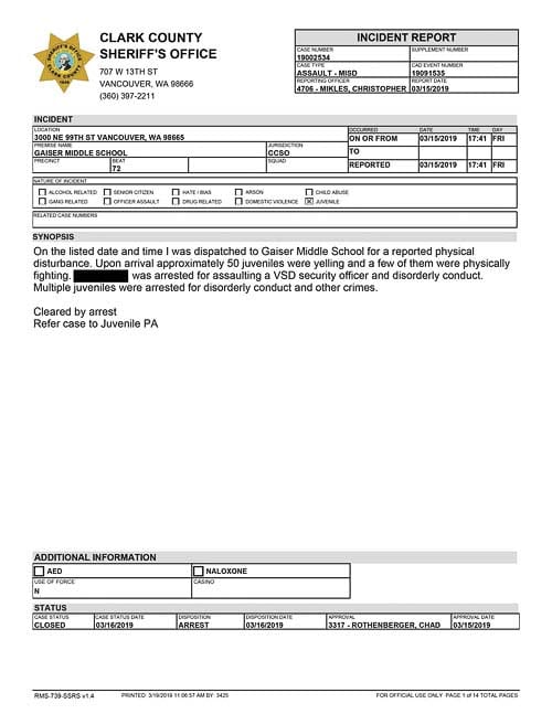 An arrest report filed in the Gaiser Middle School Riot incident. Click to view.