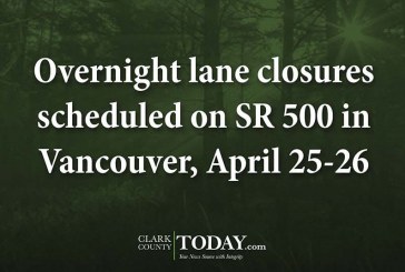 Overnight lane closures scheduled on SR 500 in Vancouver, April 25-26