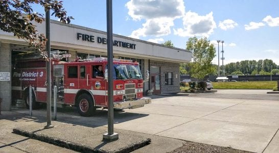 A Clark County Fire District 3 fire engine pulls out of the fire station in Battle Ground. Photo by Chris Brown