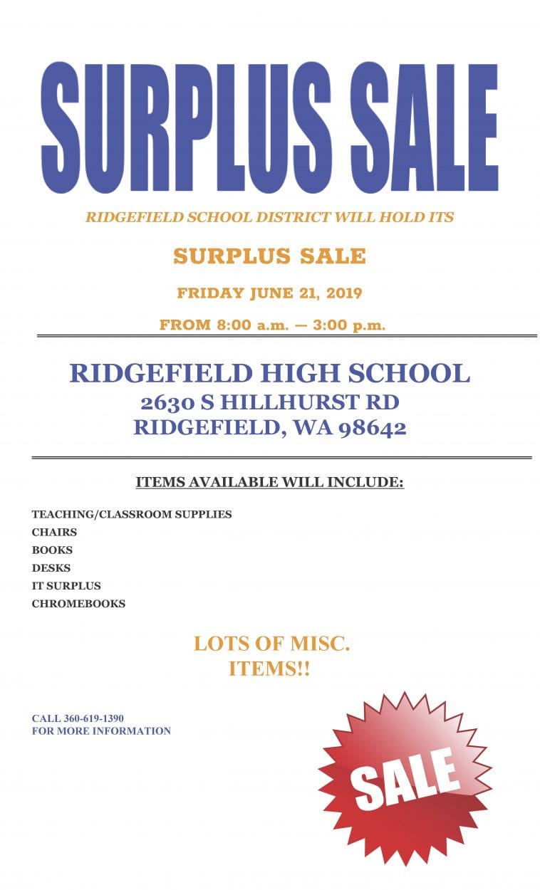 Ridgefield School District will hold a Surplus Sale on June 21