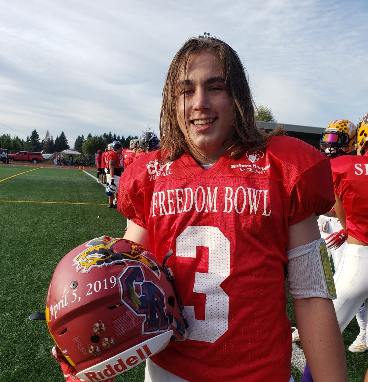 Jake Clark of Prairie shows off a special date on his helmet prior to Saturday’s Freedom Bowl Classic. He dedicated the game to a family friend, who passed away on that day.